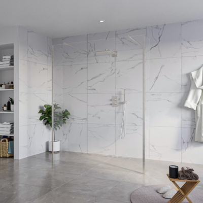 FugaFlow Eccelente Vetro Vrijstaande inloopdouche badkamer - 160x200cm - Helder - antikalk - 8mm veiligheidsglas - 2 zijwanden 30cm - met wandarmen en hoekprofielen - RVS geborsteld -