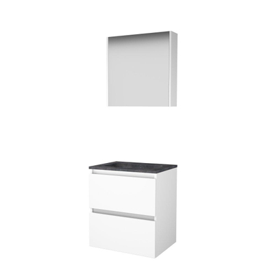 Basic-Line Comfort 46 badkamermeubelset - 60x46cm - greeploos - 2 lades - hardsteen wastafel - 0 kraangaten - Spiegelkast - MDF lak Ice White