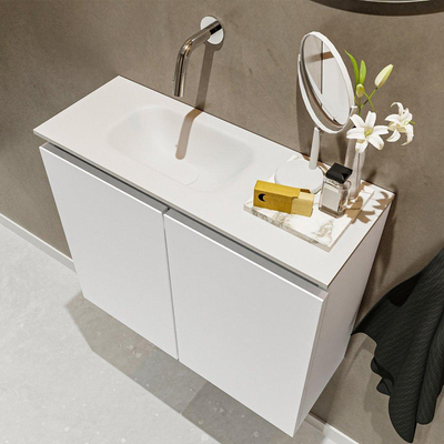 MONDIAZ TURE Fonteinset - 60x23x50cm - 0 kraangaten - 2 deuren - talc mat - Wasbak links - Solid Surface Wit