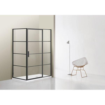 Saniclass Bellini douchecabine 140x100cm met vast paneel veiligheidsglas frame lines aan buitenzijde met anti kalk zwart mat