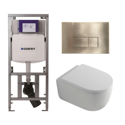 QeramiQ Dely Swirl Toiletset - 36.3x51.7cm - Geberit UP320 Burda inbouwreservoir - 35mm zitting - geborsteld messing bedieningsplaat - rechthoekige knoppen - wit glans