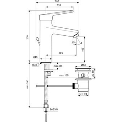 Ideal Standard Ceraplus 2 wastafelkraan met waste m. vaste zelflegende uitloop m. greep 11cm chroom