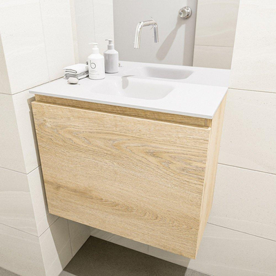 MONDIAZ OLAN Fonteinset - 60x30x40cm - 0 kraangaten - 1 lade - washed oak mat - wasbak midden - Solid Surface Wit