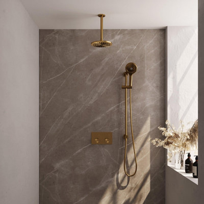 BRAUER Gold Carving Thermostatische Regendouche inbouw - drukknoppen - SET 71 - 20cm hoofddouche - plafondarm - 3 standen handdouche - doucheslang - geïntegreerde glijstang - goud geborsteld PVD