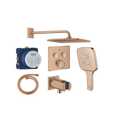 Grohe Grohtherm regendoucheset inbouw - hoofddouche vierkant - handdouche vierkant - gebogen wandarm - warm sunset geborsteld