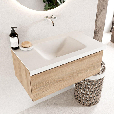 Mondiaz BUKLA Badkamermeubelset - 80x45x34cm - 0 kraangaten - wasbak midden - solid surface - Talc - greeploos - 1 lade - Melamine - Washed Oak