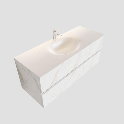 MONDIAZ VICA Badkamermeubelset - 120cm - 2 lades - wasbak Moon midden - 1 kraangat - solid surface carrara marmer