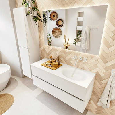 MONDIAZ VICA 120cm badmeubel onderkast Talc 2 lades. Wastafel MOON rechts zonder kraangat, kleur Talc.