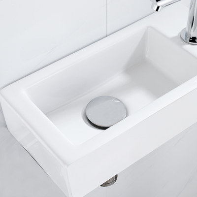 QeramiQ Fuente Fonteinset - 37.5x18.5x9cm - keramiek - kraangat rechts - fonteinkraan chroom - afvoerplug - verlaagd sifon - Mat wit