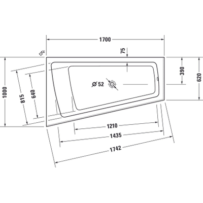 Duravit Paiova bad acryl afgeschuind 170x100x46cm links met aangevormd paneel en frame wit