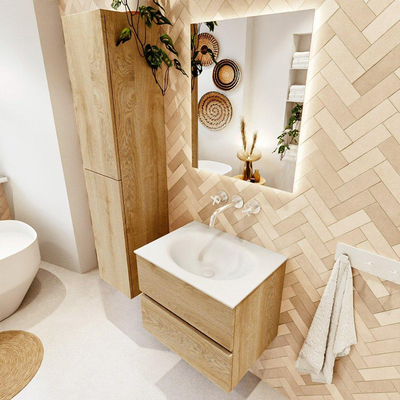 MONDIAZ VICA 60cm badmeubel onderkast Washed Oak 2 lades. Wastafel MOON midden zonder kraangat, kleur Talc.