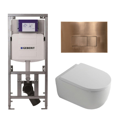 QeramiQ Dely Swirl Toiletset - 36.3x51.7cm - diepspoel - rimless - Geberit UP320 Burda inbouwreservoir - 35mm zitting - koperen bedieningsplaat - rechtehoekige knoppen - wit mat