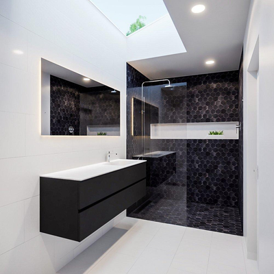 MONDIAZ VICA Badkamermeubelset - 150cm - 2 lades - wasbak Cloud rechts - 1 kraangat - solid surface urban