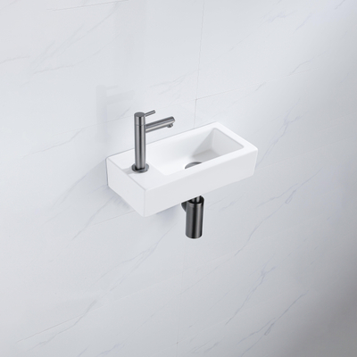 QeramiQ Fuente Fonteinset - 37.5x18.5x9cm - keramiek - kraangat links - fonteinkraan gunmetal - afvoerplug - verlaagd sifon - Mat wit