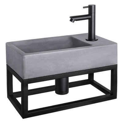 Differnz Force fonteinset - 40x22x8cm - Rechthoek - 1 kraangat - Recht matte zwarte kraan - met zwart frame - Beton Grijs