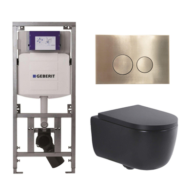 QeramiQ Dely Swirl Toiletset - 36.3x51.7cm - Geberit UP320 Burda inbouwreservoir - 35mm zitting - geborsteld messing bedieningsplaat - ronde knoppen - mat zwart