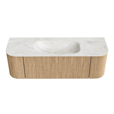 MONDIAZ KURVE-DLUX 140cm badmeubel met module 25 Len R kleur Oak met 1 lade en 2 deuren. Wastafel BIG SMALL midden 1 kraangat kleur Ostra.