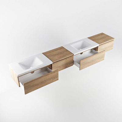 MONDIAZ BUKLA 280cm badmeubel met module 60 links kleur Washed Oak met 4 lades. Wastafel CLOUD dubbel 0 kraangaten kleur Talc.