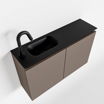 MONDIAZ TURE Fonteinset - 80x23x50cm - 1 kraangat - 2 deuren - smoke mat - Wasbak links - Solid Surface Zwart