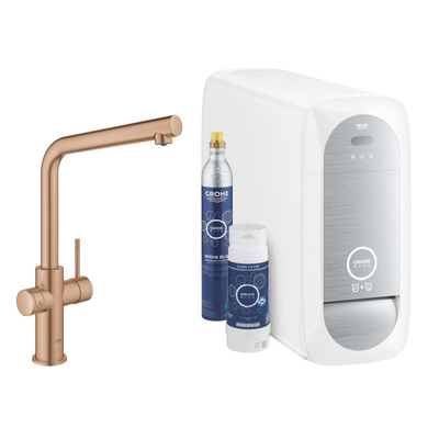 GROHE Blue Home 1-gats keukenkraan met duo L-uitloop starterkit met WiFi bluetooth Chilled & Sparkling 3x gekoeld + 3x bruisend water warm sunset geborsteld