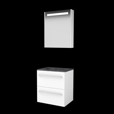 Basic-Line Premium 46 badkamermeubelset - 60x46cm - met grepen - 2 lades - hardsteen wastafel - 1 kraangat - Spiegelkast - geintegreerde LED verlichting - MDF lak Ice White