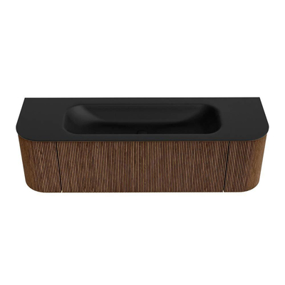 MONDIAZ KURVE 150cm badmeubel met module 25 Len R kleur Walnut met 1 lade en 2 deuren. Wastafel BIG MEDIUM midden zonder kraangat Urban.