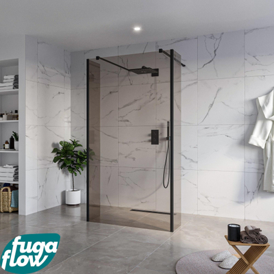FugaFlow Eccelente Vetro Vrijstaande inloopdouche badkamer - 110x200cm - Rookglas - antikalk - 8mm veiligheidsglas - 2 zijwanden 30cm - met wandarmen en hoekprofielen - Zwart mat -