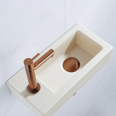 QeramiQ Fuente Fonteinset - 37.5x18.5x9cm - keramiek - kraangat links - fonteinkraan geborsteld koper - afvoerplug - verlaagd sifon - Mat Beige