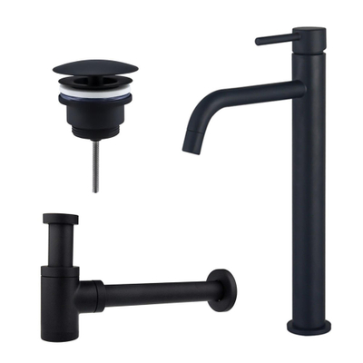 FugaFlow Eccelente Sobrado Badkamer Slim Wastafelkraanset - verhoogde wastafelkraan - always open plug - verlaagde design sifon - Mat zwart