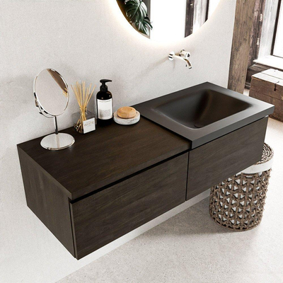 Mondiaz BUKLA badkamermeubelset 120x45x34cm 0 kraangaten wasbak rechts solid surface Urban greeploos 2 lades met softclose Melamine Dark brown