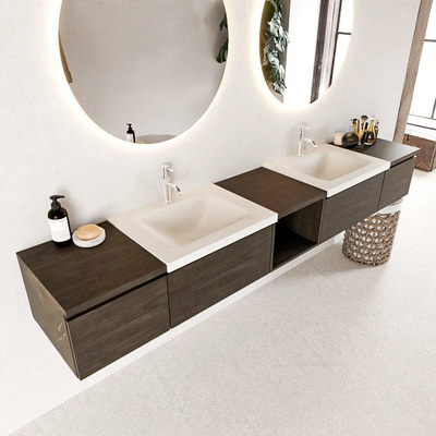 Mondiaz BUKLA Badkamermeubelset - 240x45x34cm - 2 kraangaten - 2 wasbakken solid surface - Talc - greeploos - 4 lades - Melamine - Dark brown