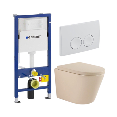QeramiQ Dely Toiletset - Geberit UP100 inbouwreservoir - witte bedieningsplaat - softclose toilet zitting 35 mm - mat beige