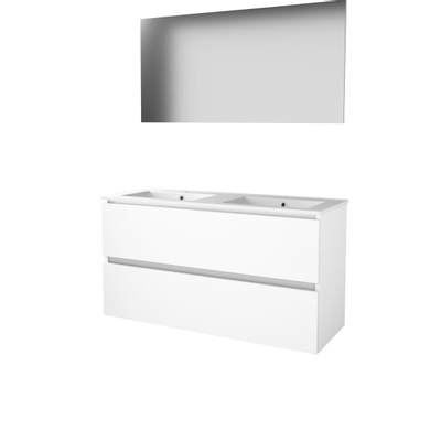 Basic-Line Basic 46 badkamermeubelset - 120x46cm - greeploos - 2 lades - porseleinen wastafel - 2 kraangaten - Spiegel - MDF lak Ice White