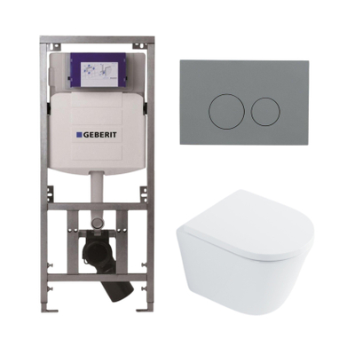 QeramiQ Dely Toiletset - 36.3x51.7cm - diepspoel - rimless - Geberit UP320 inbouwreservoir - softclose toilet zitting 35 mm - bedieningsplaat licht grijs - ronde knoppen - wit glans