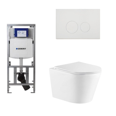 QeramiQ Dely Toiletset - 36.3x51.7cm - diepspoel - rimless - Geberit UP320 Burda inbouwreservoir - softclose toiletzitting - glans witte bedieningsplaat - ronde knoppen - wit mat