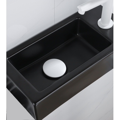 QeramiQ Fuente Fonteinset - 37.5x18.5x9cm - keramiek - kraangat rechts - fonteinkraan mat wit - afvoerplug - verlaagd sifon - Mat Zwart