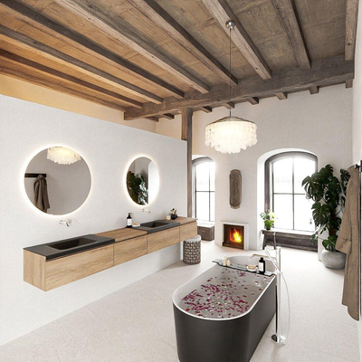 MONDIAZ BUKLA 280cm badmeubel met module 60 links kleur Washed Oak met 4 lades. Wastafel CLOUD dubbel 0 kraangaten kleur Urban.