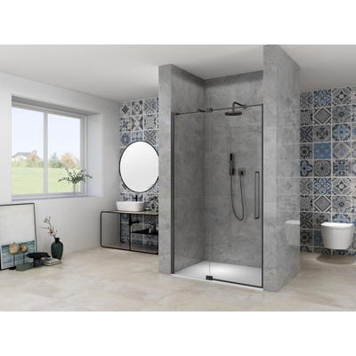 Van Rijn Products ST08 Nis Draaideur 2 delig 950-1050 x 2000mm 8 mm Helder glas incl. Glasbehandeling, Zwart muurprofiel, Greep en Stabilisatiestang