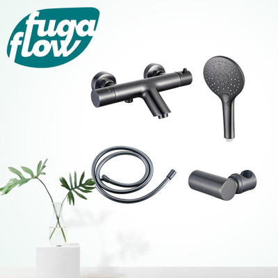 FugaFlow Eccelente Sobrado Badkamer Thermostatische badkraan met ronde handdouche, handdouchehouder en gladde doucheslang Gunmetal PVD