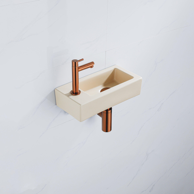 QeramiQ Fuente Fonteinset - 37.5x18.5x9cm - keramiek - kraangat links - fonteinkraan geborsteld koper - afvoerplug - verlaagd sifon - Mat Beige