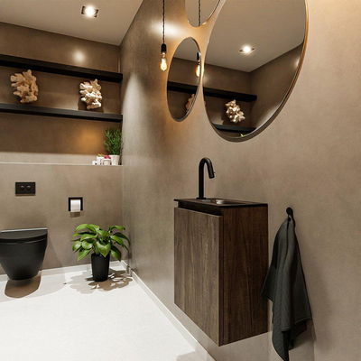 MONDIAZ TURE Fonteinset - 40x23x50cm - 1 kraangat - 1 deur - dark brown mat - Wasbak rechts - Solid Surface Zwart