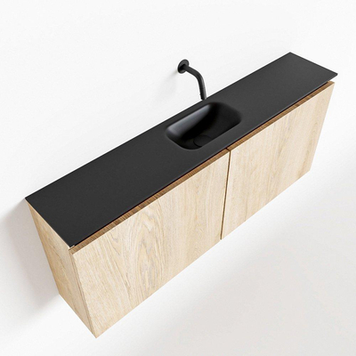 MONDIAZ TURE Fonteinset - 120x23x50cm - 0 kraangaten - 2 deuren - washed oak mat - Wasbak midden - Solid Surface Zwart