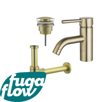 FugaFlow Eccelente Sobrado Badkamer Wastafelkraanset - lage wastafelkraan - klikwaste plug - design sifon - PVD Geborsteld Messing