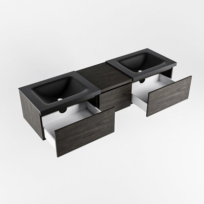 MONDIAZ BUKLA 160cm badmeubel met module 40 kleur Dark Brown met 3 lades. Wastafel CLOUD dubbel 0 kraangaten kleur Urban.