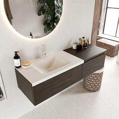 MONDIAZ BUKLA 140cm badmeubel met module 60 kleur Dark Brown met 2 lades. Wastafel CLOUD links 1 kraangat kleur Talc.