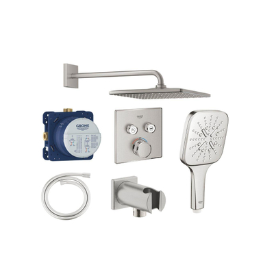 Grohe Grohtherm regendoucheset inbouw - hoofddouche vierkant - handdouche vierkant - gebogen wandarm - supersteel