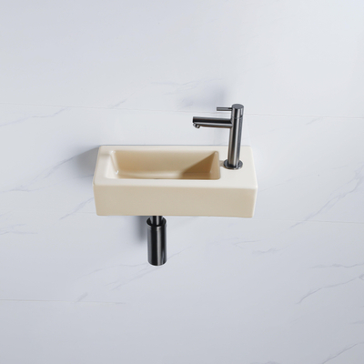 QeramiQ Fuente Fonteinset - 37.5x18.5x9cm - keramiek - kraangat rechts - fonteinkraan gunmetal - afvoerplug - verlaagd sifon - Mat Beige