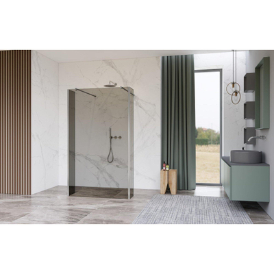 FugaFlow Eccelente Vetro Vrijstaande inloopdouche badkamer - 100x200cm - Rookglas - antikalk - 8mm veiligheidsglas - met wandarmen - Chroom -