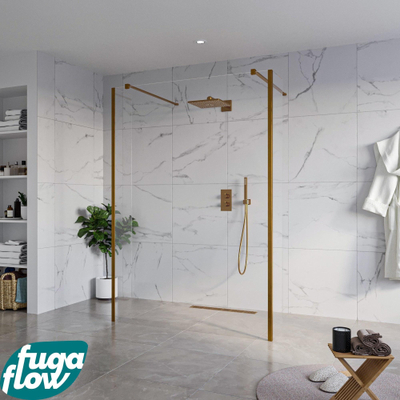 FugaFlow Eccelente Vetro Vrijstaande inloopdouche badkamer - 140x200cm - Helder - antikalk - 8mm veiligheidsglas - 2 zijwanden 40cm - met wandarmen en hoekprofielen - Koper geborsteld -