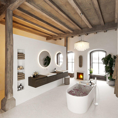 MONDIAZ BUKLA 240cm badmeubel met module 60 links kleur Dark Brown met 4 lades. Wastafel CLOUD dubbel 0 kraangaten kleur Talc.